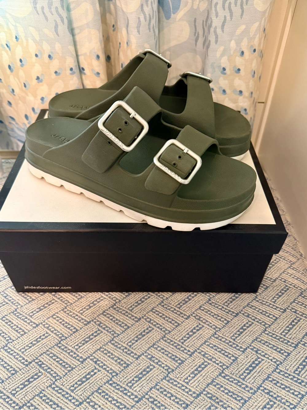 J Slides Olive Green Dual-Buckle Platform Sandals